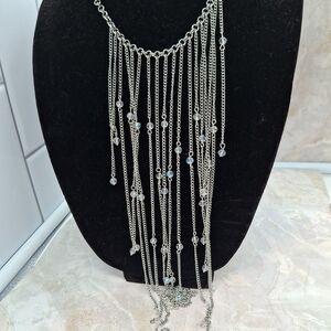Ann Taylor Silver And Crystal Long Bib Statement Necklace